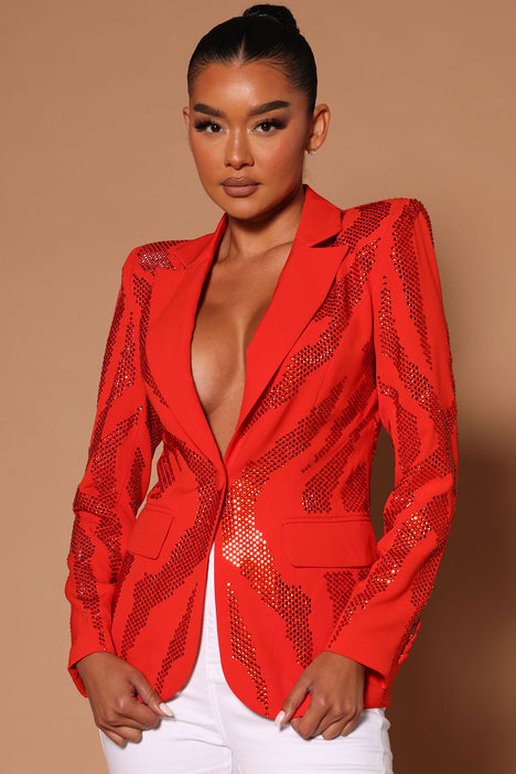 Claire Embellished Blazer Set - Red