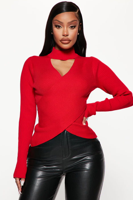 Turning Looks Criss Cross Mock Neck Sweater - Red | Fashion Nova