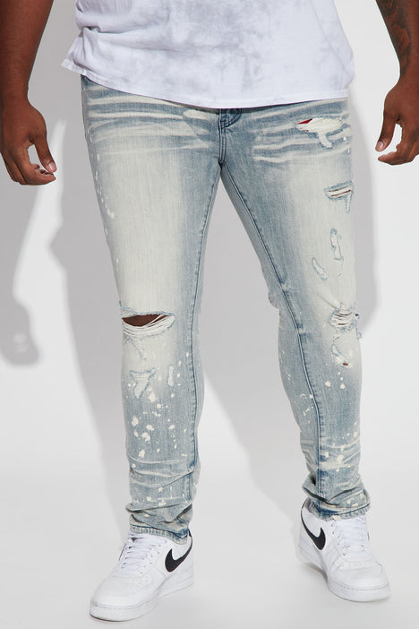 Bleach Spotted Ripped Knee Stacked Skinny Jeans - Light Wash