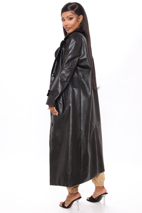 Women's Gimme A Clue Faux Leather Trench Coat in Black Size Medium by Fashion Nova
