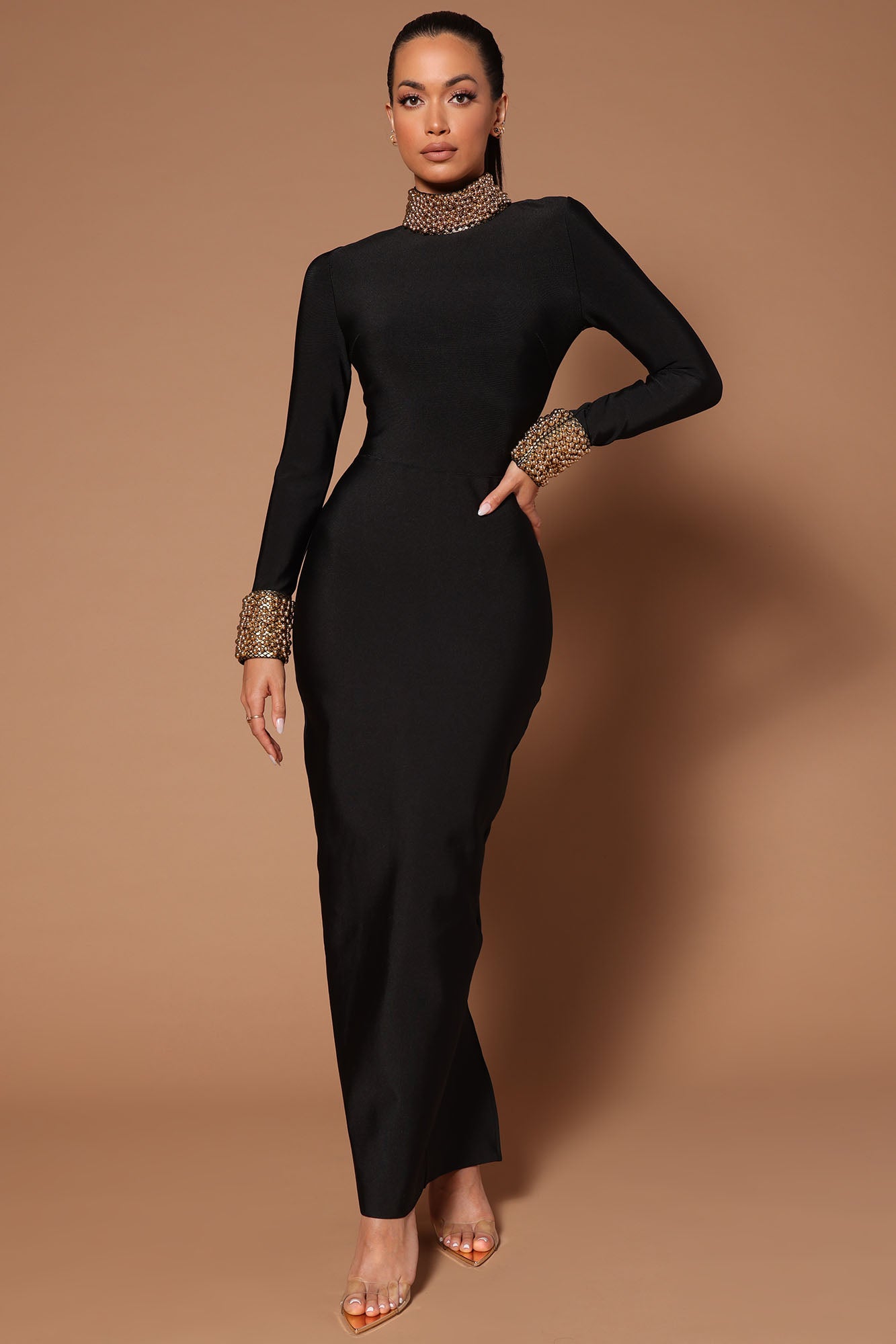 IetpShops Italy - High Neck Embellished Maxi Dress - Black