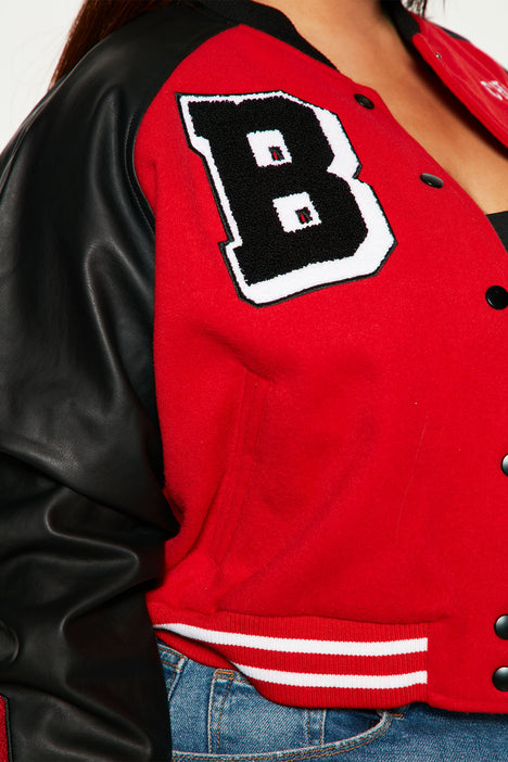 Bulls Cropped Letterman Jacket - Red/Black