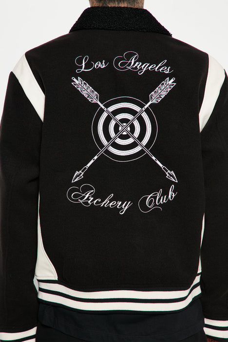 Archery Club Sherpa Collared Varsity Jacket - Black, Fashion Nova, Mens  Jackets