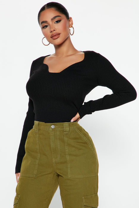 Flaunt It Ribbed Sweater Top - Black