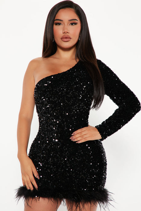 Sparkly Puff Sleeve One Shoulder Wrap Velvet Sequin Mini Dress - Black –  Rosedress