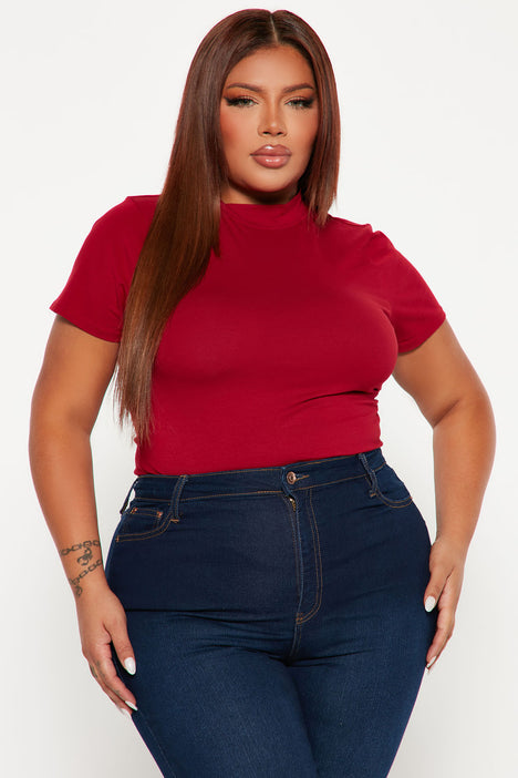 Rainbow Shops Womens Plus Size Ribbed Knit Mock Neck Bodysuit, Red
