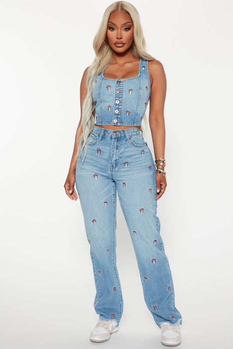 Mushroom Embroidered Mom Jeans (2 Colors) Light Blue / S