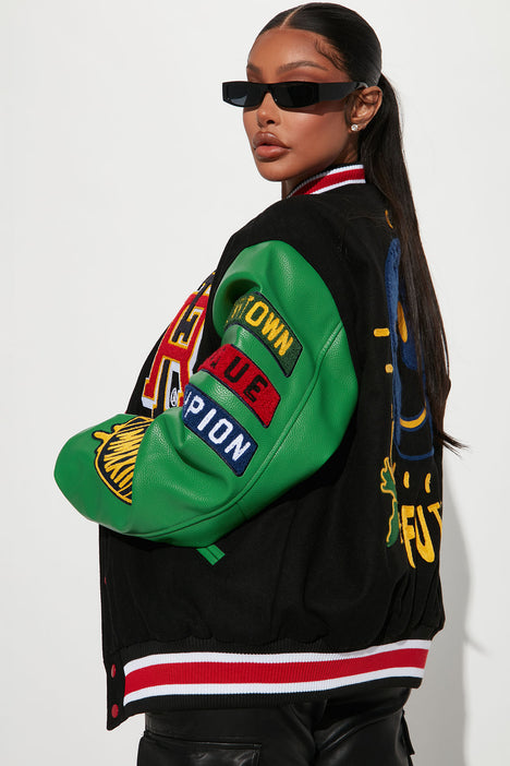 Women's on A Mission Varsity Jacket Combo in Green Size XL by Fashion Nova