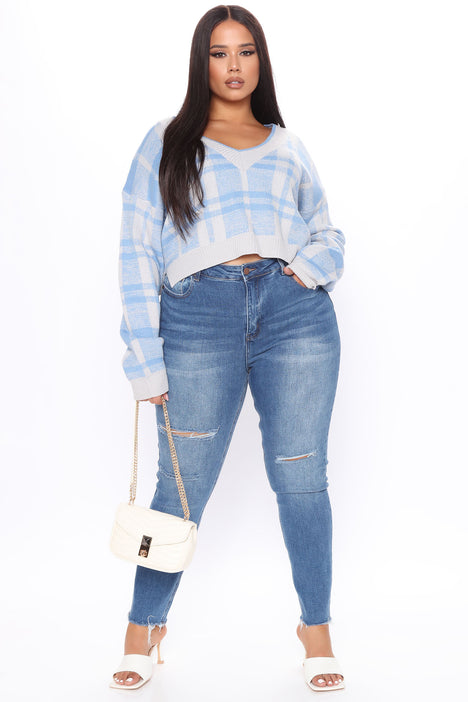 Living The Comfy Life Cropped Sweater - Blue, Fashion Nova, Sweaters