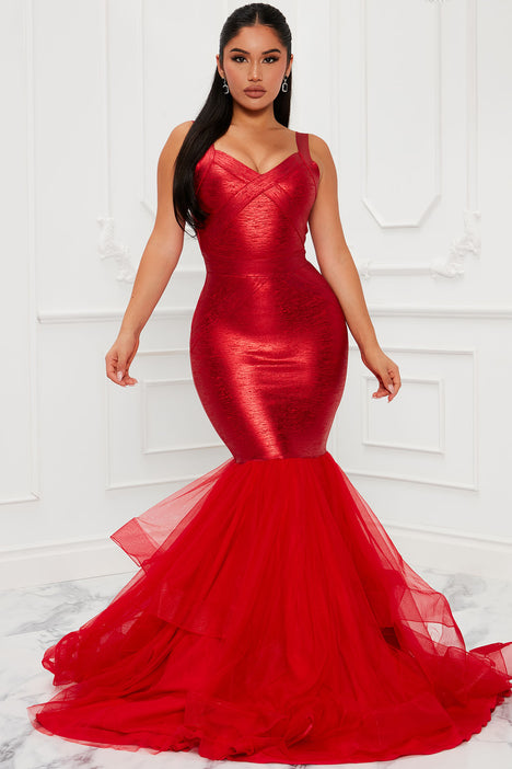 Enticing Red Ruffled Neckline Beaded Trumpet Prom Dress - Xdressy
