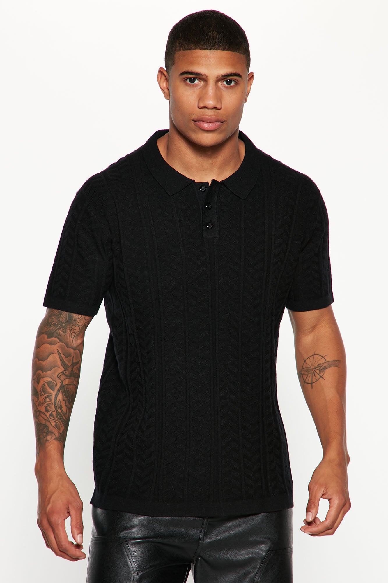 Short Sleeve Cable Knit Polo - Black