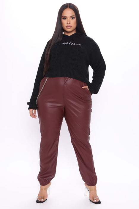 Taifun Faux Leather Tapered Trousers Burgundy