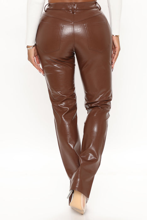 Pretty Little Thing + Plus Brown Faux Leather Croc Embosed Flare Pants