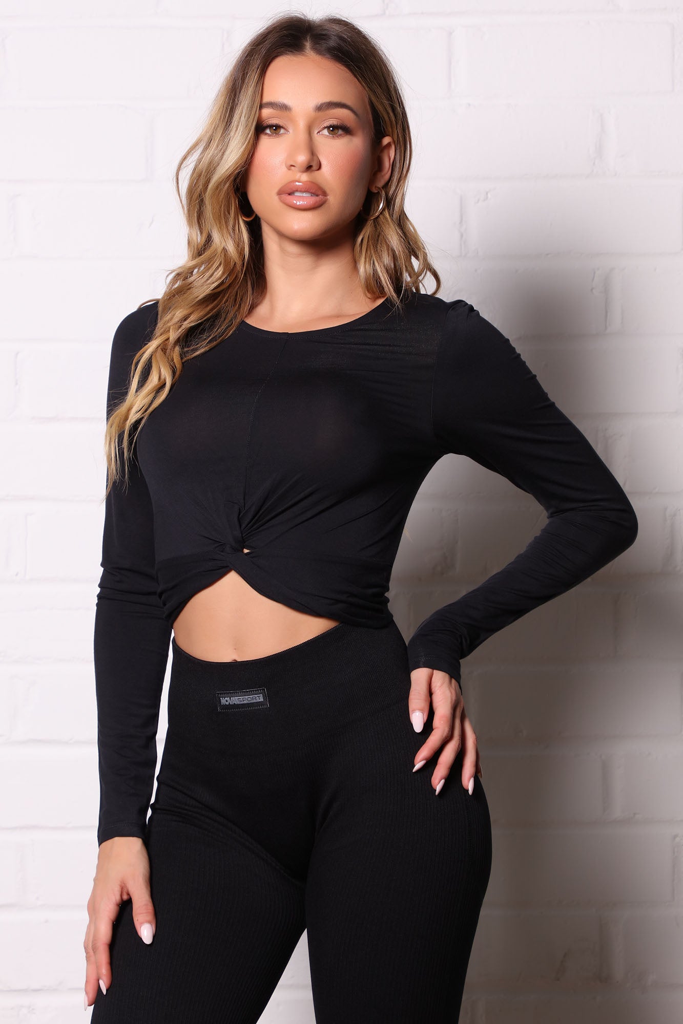 Cross Front Long Sleeve Going Out Crop Top Black –