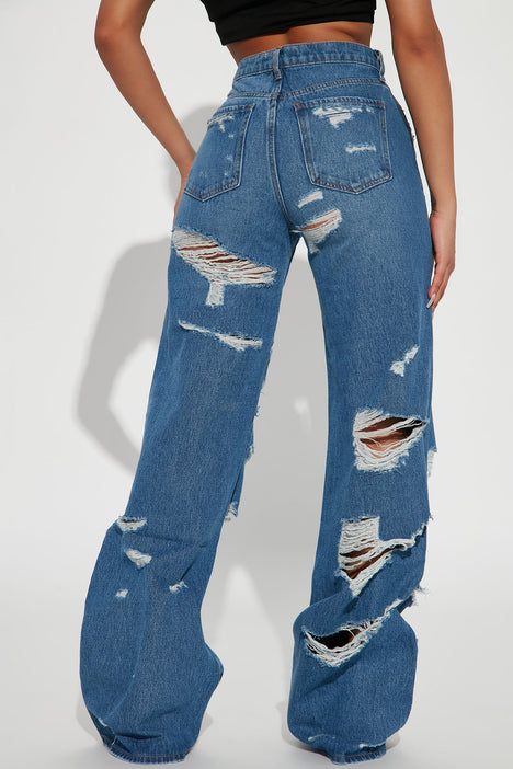 Super Destroyed Wide Leg Jeans - Medium Blue Wash, Fashion Nova, Jeans