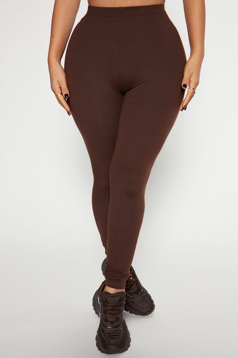 Thick Waistband Ribbed Leggings in Chocolate