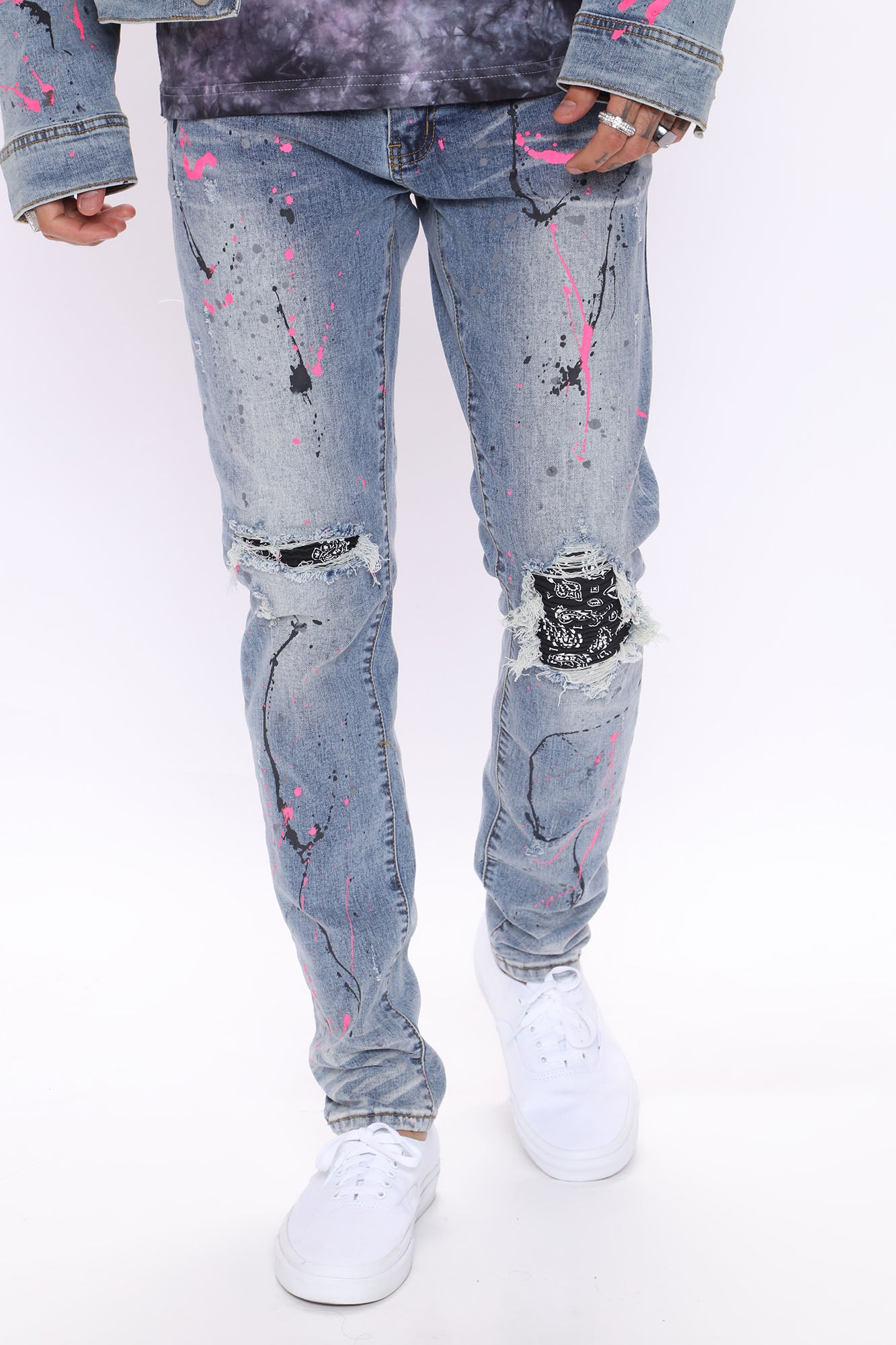 Drip Paint Splattered Skinny Jean - Medium Wash