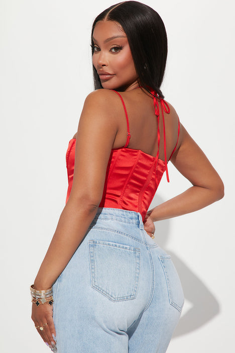 SATIN EFFECT CORSET TOP - Red
