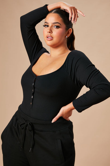 Hazel Ribbed Henley Bodysuit - Black, Fashion Nova, Basic Tops & Bodysuits
