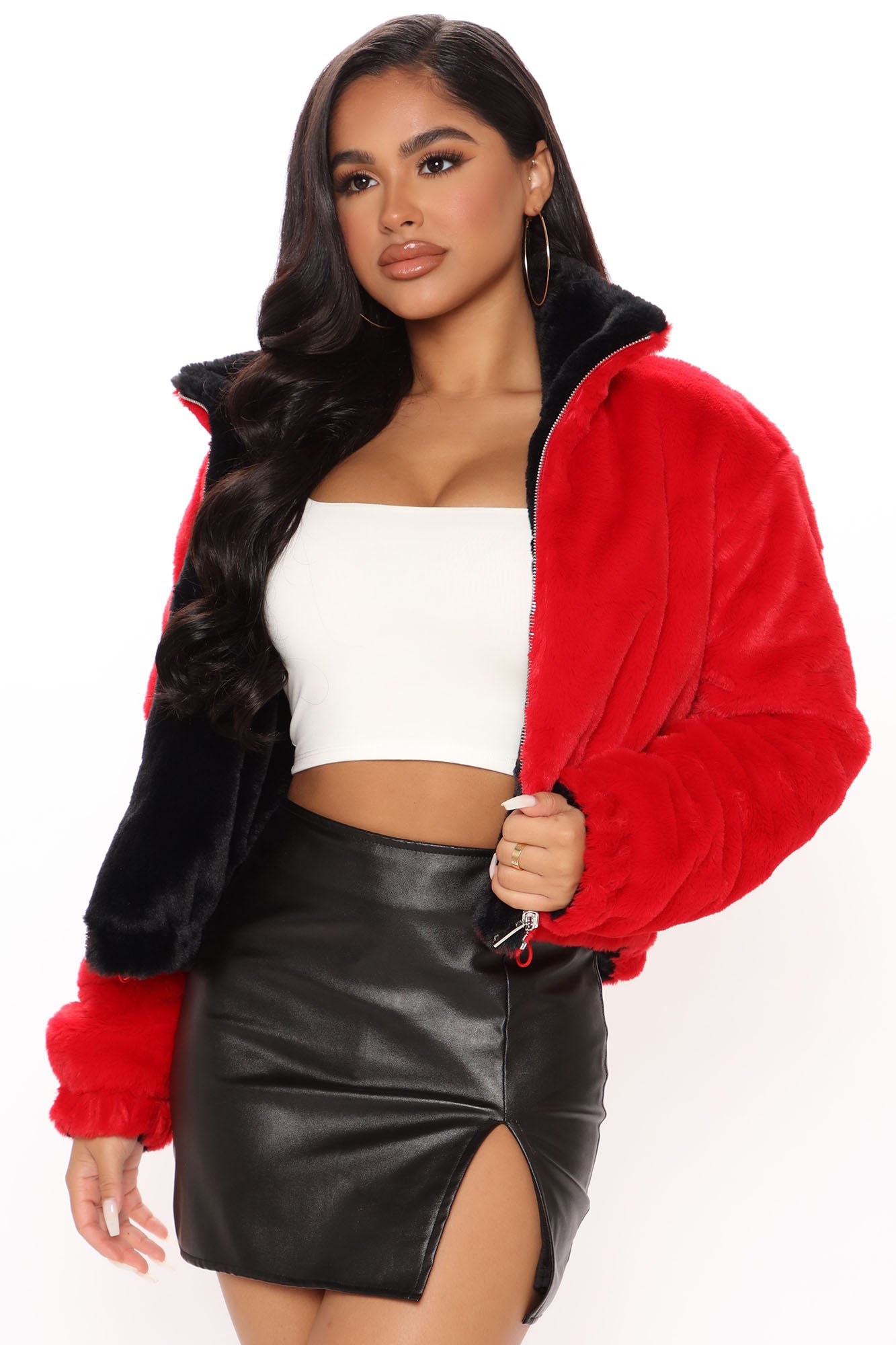 Love this red faux fur jacket over all black.