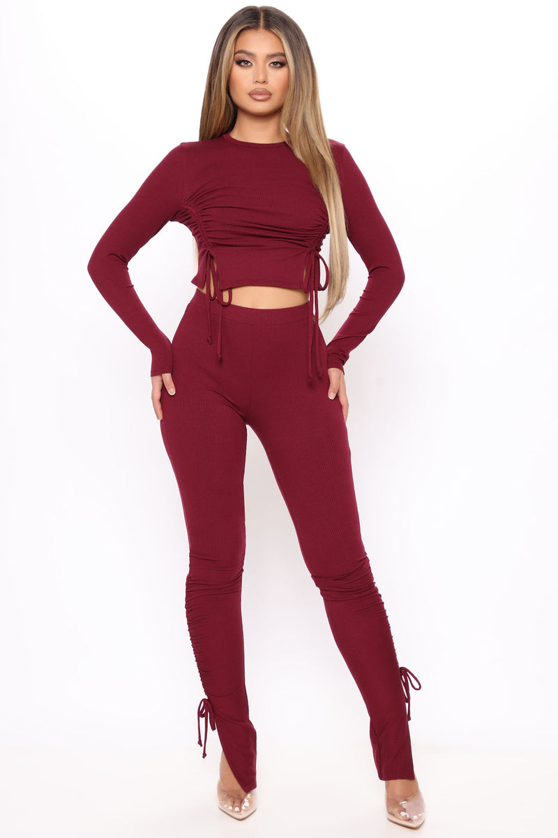 Clear Your Schedule Long Sleeve Ruched Pant Set - Burgundy | Fashion ...