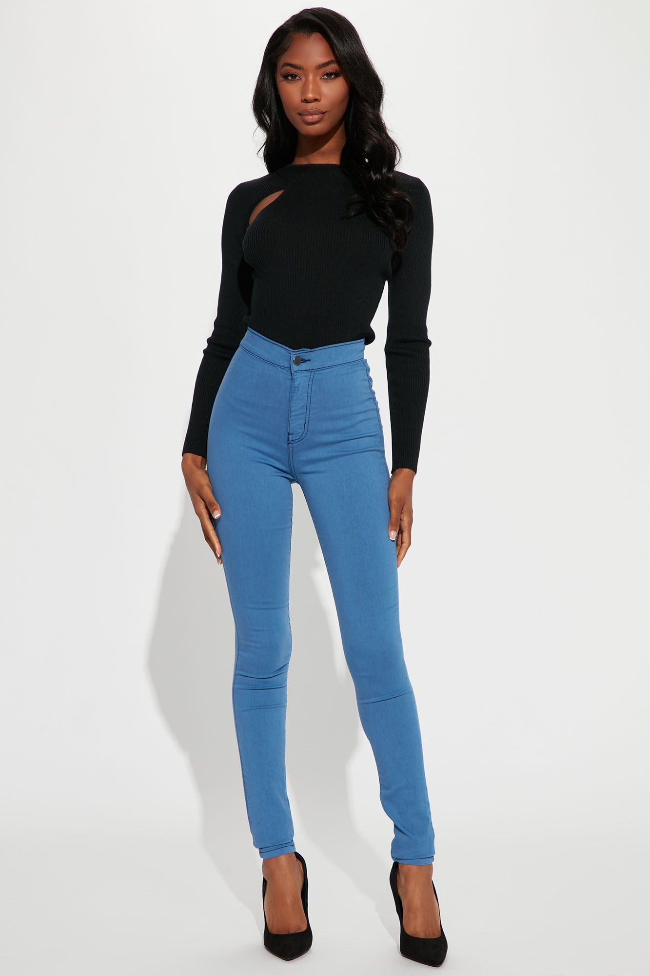 Super High Waist Denim Skinnies - Medium Blue