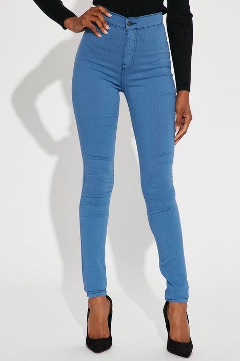 Super High Waist Denim Skinnies - Medium Blue