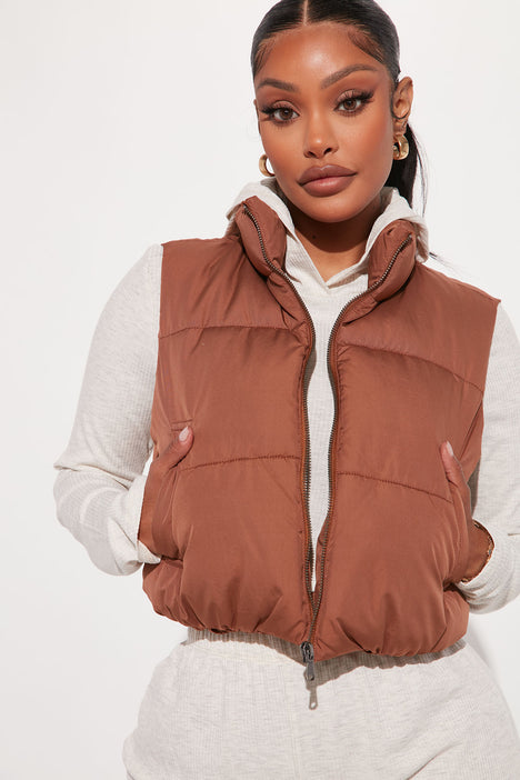 Brown/black/tan/white Womens Cropped Puffer Vest Solid Color 