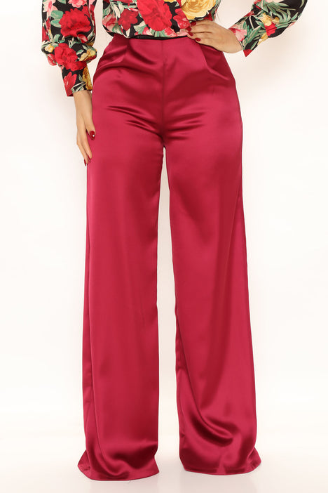 Elegant Burgundy Satin Wide Leg Pants