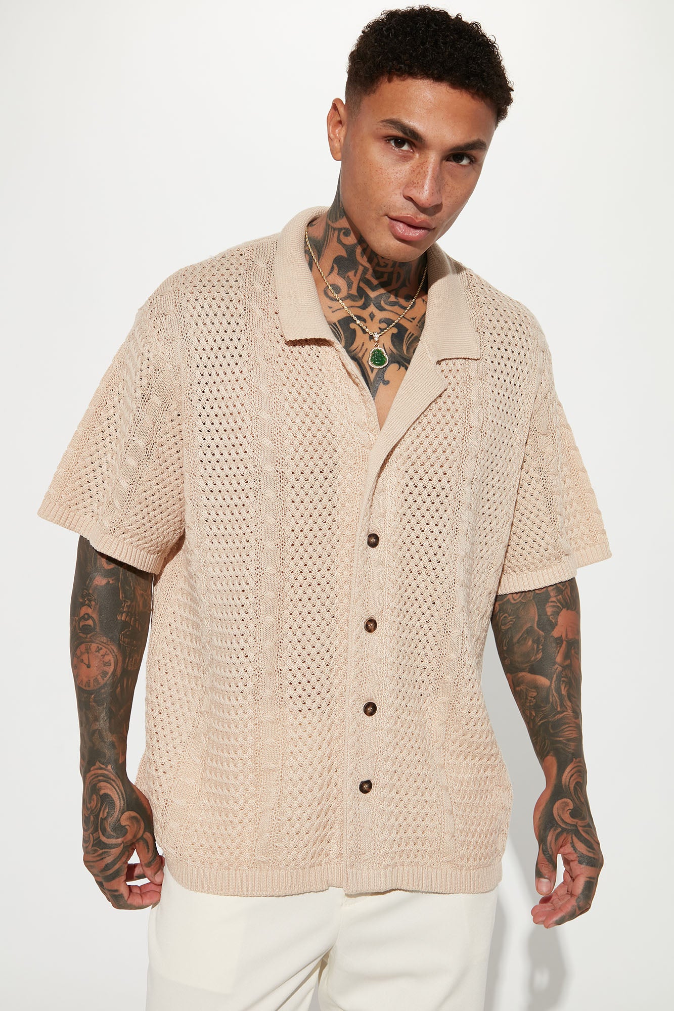 Unwind Cable Knit Short Sleeve Button Up - Oatmeal