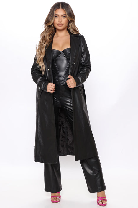 Strutting By Faux Leather Trench Coat - Black
