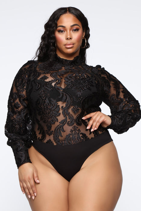 Final Sale Plus Size Long Sleeve Mesh Bodysuit in Black – Chic And