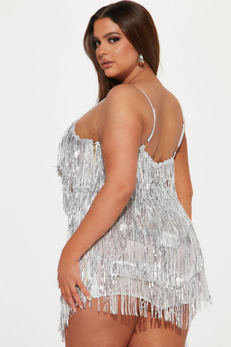 Nude-Silver Sequin Fringe Mini Dress – Aquarius Brand