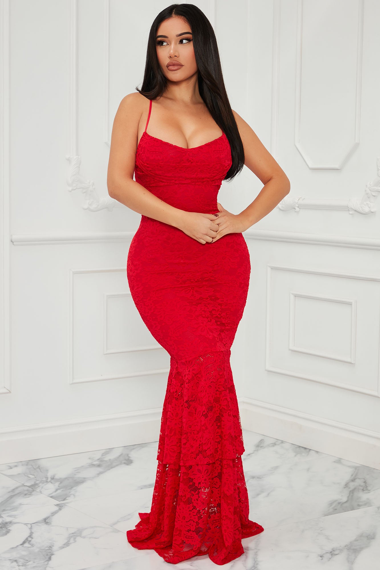 Tiered Sleeveless Lace Cowl Neck, Elegant Maxi Dress in Red, Size M, for Bridesmaid or Prom & Homecoming | Fashion Nova