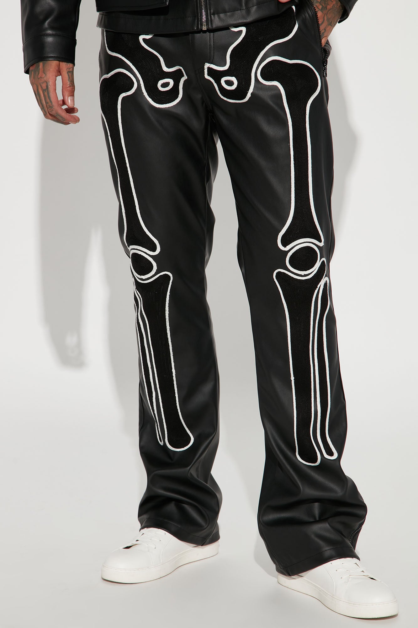 Skeleton Faux Leather Stacked Slim Flared Pants - Black/combo