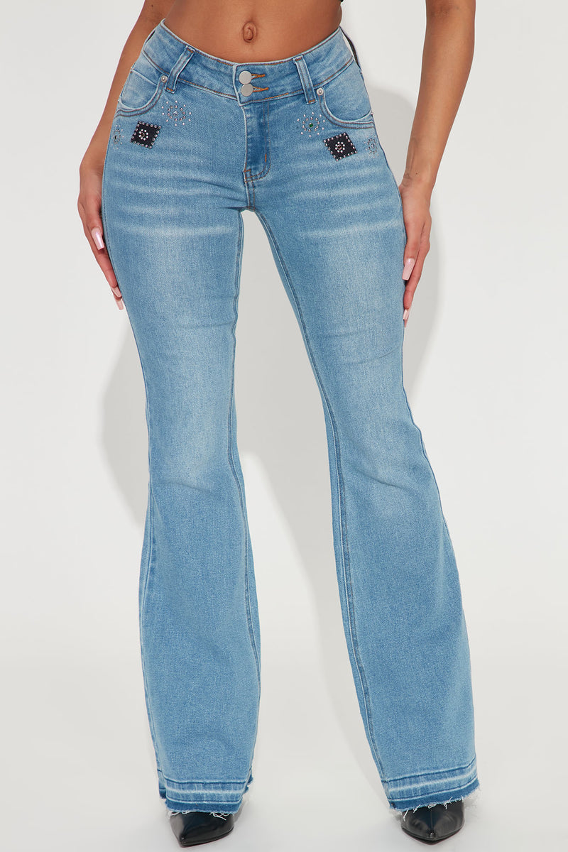 Outlaw Embellished Mid Rise Flare Jeans - Medium Wash | Fashion Nova ...