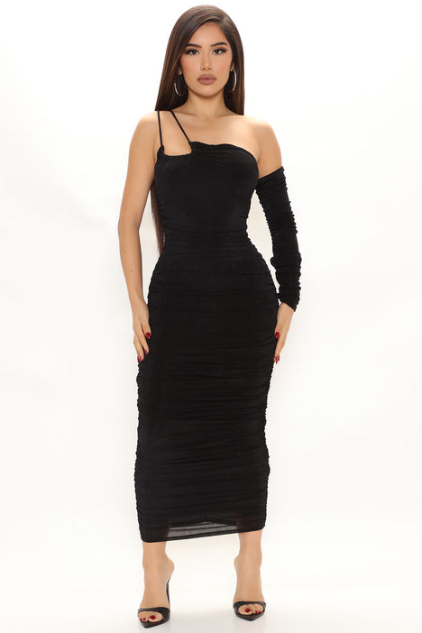 Ready And Ruched Mesh Midi Dress - Black