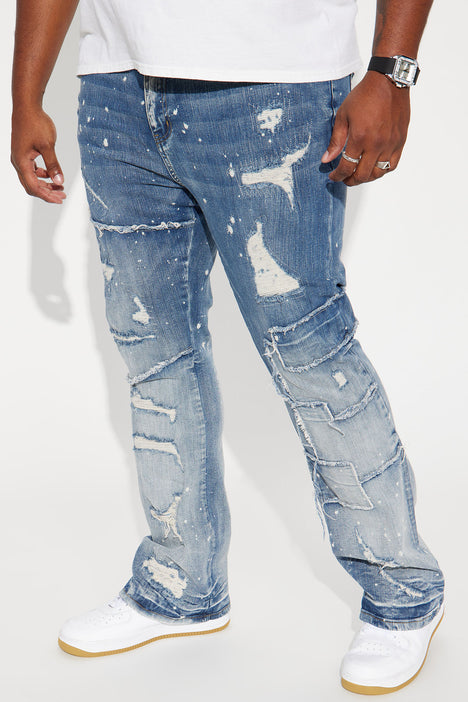 Hit With Slashes Stacked Skinny Flare Jeans - Medium Wash