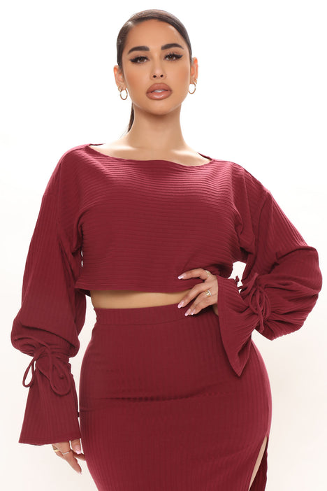 Nala Ribbed Skirt Set - Burgundy, Fashion Nova, Matching Sets