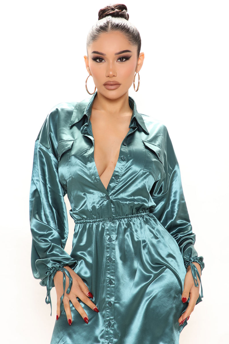 Angelina Satin Shirt Dress - Hunter | Fashion Nova, Dresses | Fashion Nova