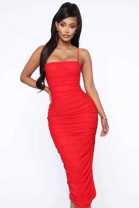 Ruched Mesh Bodycon Midi Dress In Red