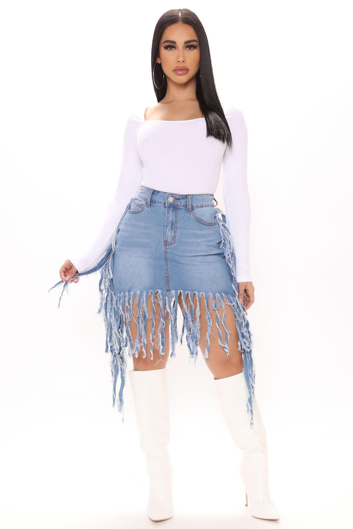 Livin' On The Edge Fringe Mini Skirt - Light Wash | Fashion Nova