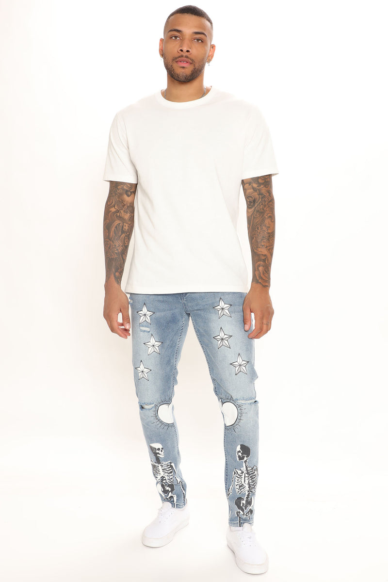 Starry Skeleton Printed Skinny Jeans - Light Wash | Fashion Nova, Mens ...