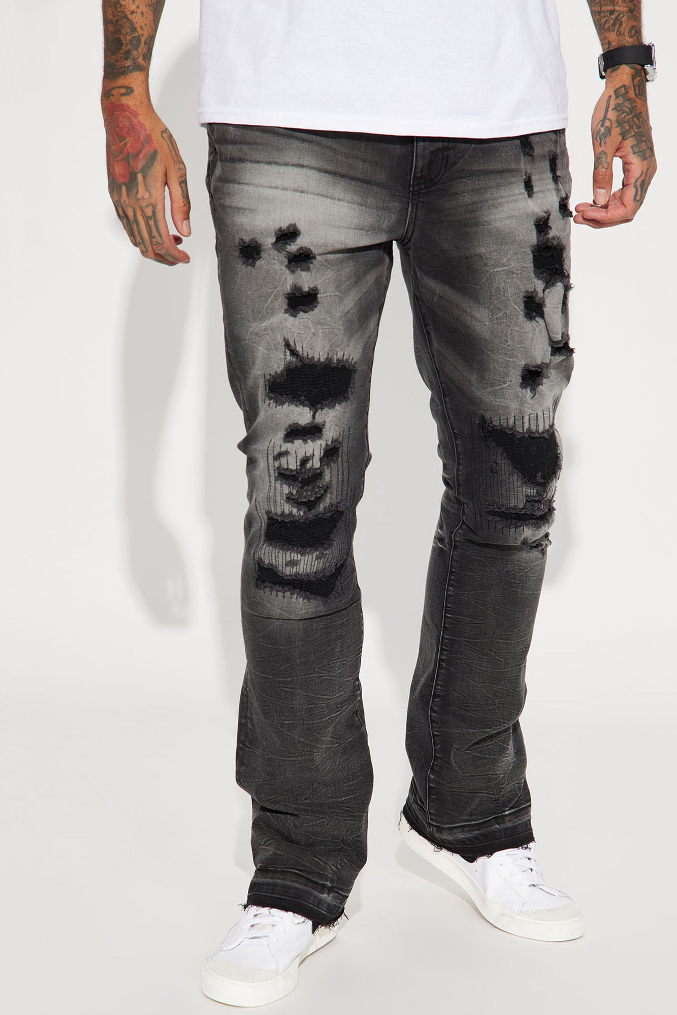 Ripped And Repair Slim Stacked Flared Jeans - Black Wash