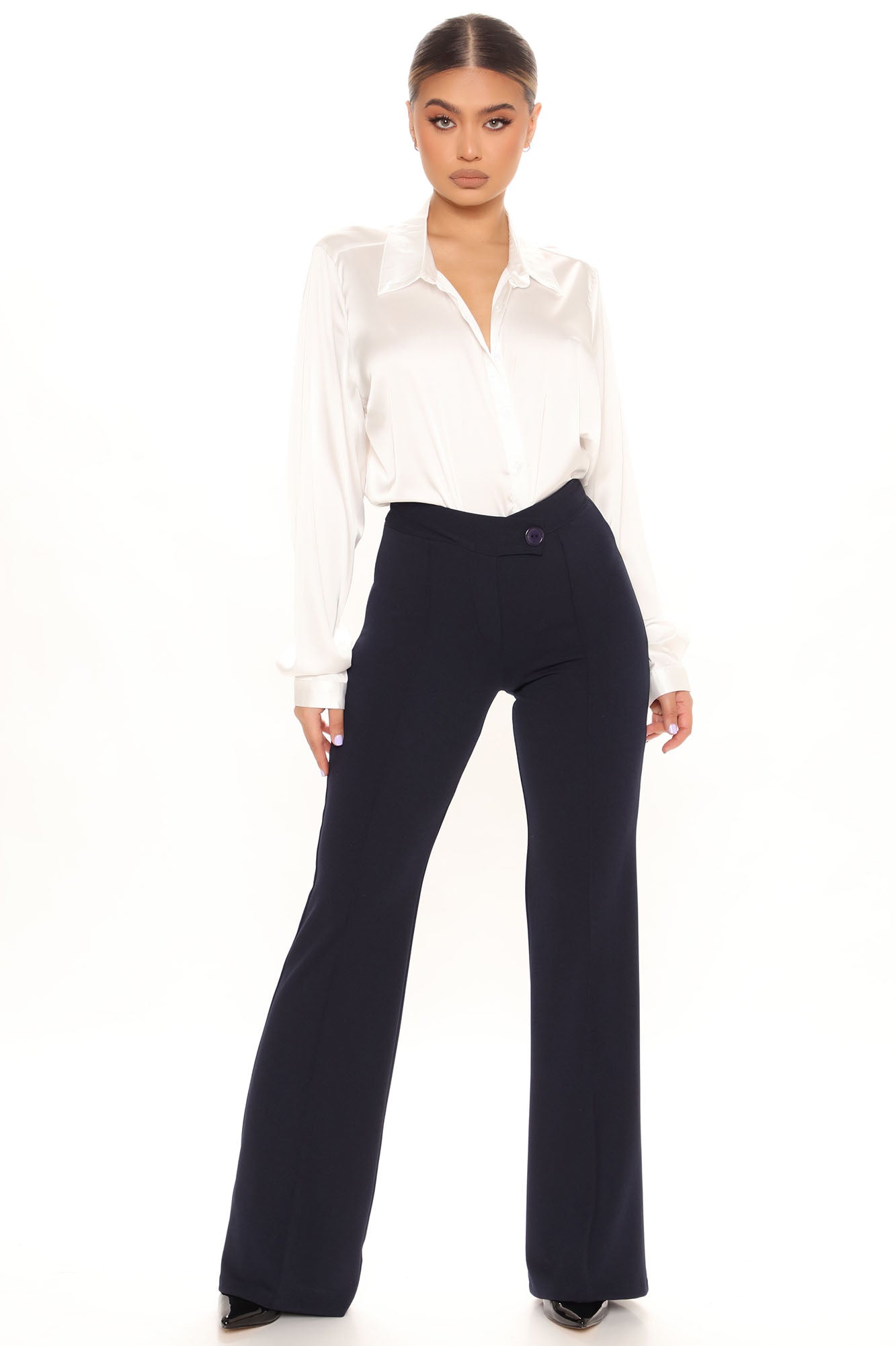 KaLI_store Work Pants for Women Women's Casual High Waisted Wide Leg Pants  Button Down Straight Long Trousers Elegant Pants Office Work Navy,XXL
