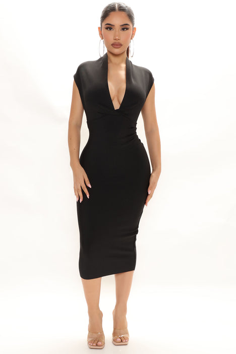 Figure It Out Deep V Neck Midi Dress - Black, Fashion Nova, Dresses
