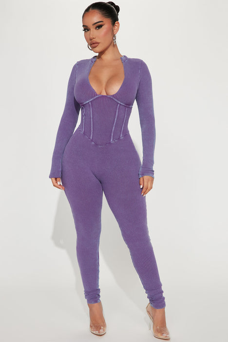 Lavender Ribbed Button-Up Bodycon Jumpsuit, Street Style Store