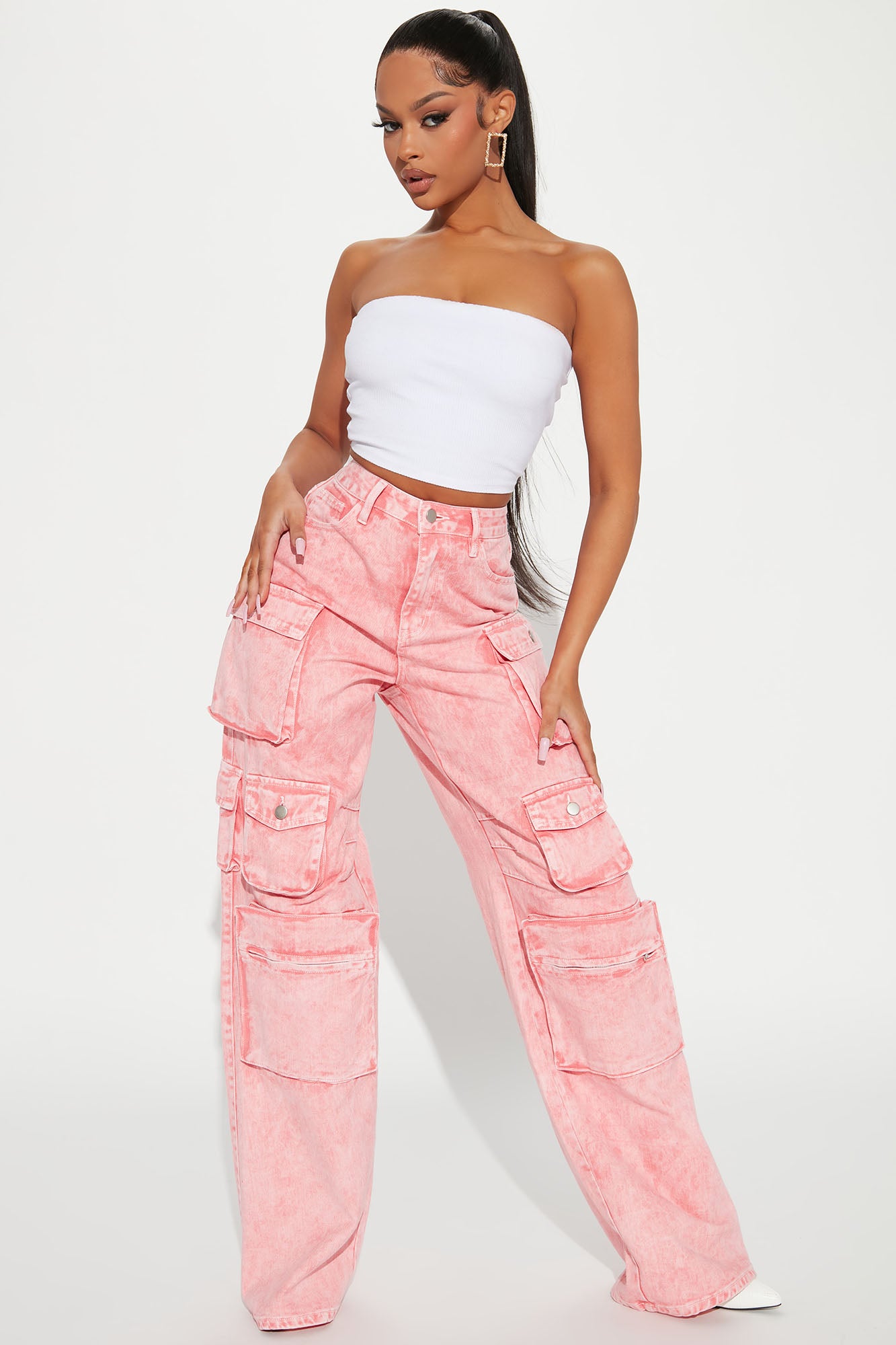 Girls Pink Acid Wash Front Patch Pocket Straight Jeans