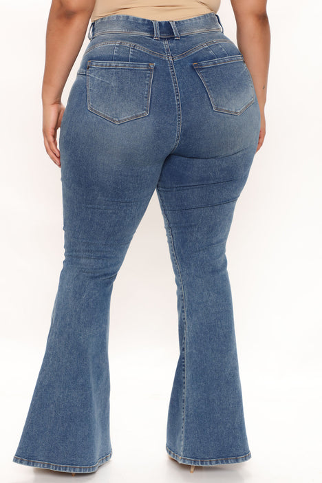 Effortless Pull On Flare Jeans - Medium Blue Wash