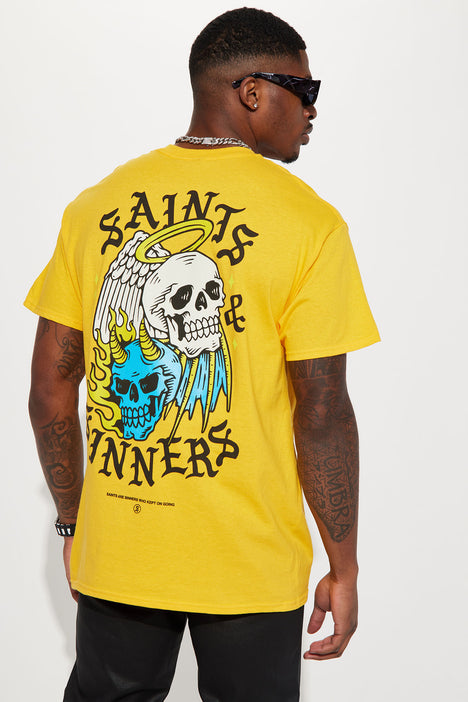 Men's Sinners and Saints Short Sleeve Tee Shirt in Gold Size Large by Fashion Nova